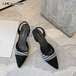 LMCAVASUN Women Fashion Houndstooth Pumps Ladies Designer Brand Sandals Pointed Toe High Heels Shoes Y0721