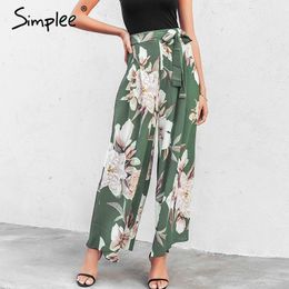 Simplee Sash floral print wide leg pants women Elastic loose boho casual pants trousers Beach summer high waist pants female 210319