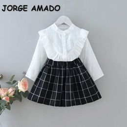 Spring Kids Girl 2-pcs Sets White Ruffles Shirts + Black Plaid Skirt Casual Style Children Clothes Outfits E122 210610