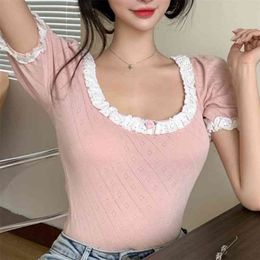 Lace Hollow-out Square-Cut Collar Pink Thin Sweater Women's Summer New Short-Sleeved Slim-Fit Viscose Fiber Top 210324