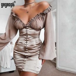 Gagaopt Ruffle Bodycon Dres Long Sleeve Patchwork Ladies Khaki Party Dresses Vestidos Robes Q190530