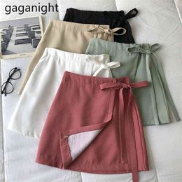 Summer Irregular Lady Skirt Female Sweet High Waist A-line Mini s Fashion Lace Up Casual Women Solid 210601