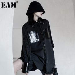 [EAM] Women Black Pu Leather Pocket Big Size Blouse Lapel Long Sleeve Loose Fit Shirt Fashion Spring Autumn 1DD5944 21512