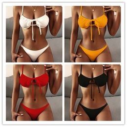 Wholesale Swimwear for Women Bikini 2021Push Up Chest Lace-up Split Swimsuit Women 2 Pieces Bathing Suit Bandage Beachwear X0522