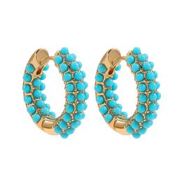 -Moda Turquesa Round Beads Bordas Brincos Para Mulher Trendy Círculo Geométrico Verde Pedra Gold Metal Brincos Jóias