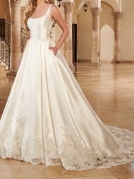 Elegant Backless Wedding Dress Bridal Gowns with Pockets Scoop Sleevess Satin Sheer with Floral Applique Beads Sequins