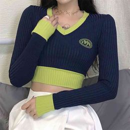 Colorblock Ribbed Harajuku Female Clothing Crop Top Tee Women's Shirt Autumn Korean Long Sleeve V Neck T-Shirt Streetwear 210510