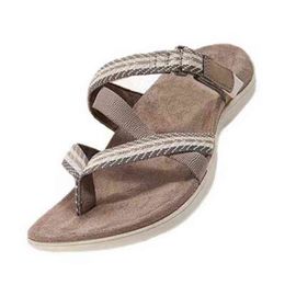 Large size women's shoes sandals women's new flat sole arch correction toe clip slippers elastic band