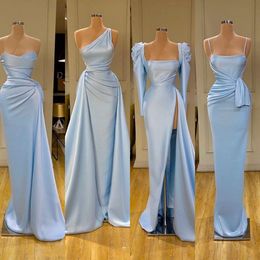 2021 African Sexy Bridesmaid Dresses Light Blue Sheath Mermaid Plus Size Long Satin Split Maid Of Honour Wedding Guest Dress Mixed Styles Sweep Train Prom Party Gowns