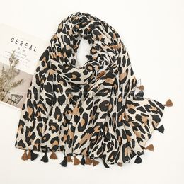 Winter Warm Scarf for Women Tassel Shawls and Wrap Animal Leopard Print Cotton Linen Scarves for Ladies Pashmina Foulard