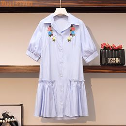 Summer Hit Flower Embroidery Shirt Dresses For Women Fashion Short Sleeve Patchwork Loose Casual Pleated Ruffle Dress 210428