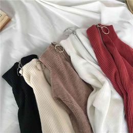 Knitted Women Zipper High Neck Sweater Pullovers Turtleneck Autumn Winter Basic Sweaters Slim Fit Black Pull Femme 210922