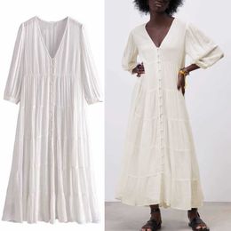 Za Tiered Pleated Long Summer Dress Women Puff Sleeve Loose Vintage Party Dresses Woman Chic Button Up Lining White Dress 210602