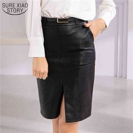 Summer Models of High-Waisted PU Leather Waistband Sexy Black Office Lady Vocational Slit Wild Midi Skirts 10130 210508
