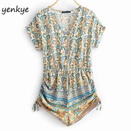 Floral Print Draped Summer Jumpsuit Women Short Sleeve V Neck Romper Casual Holiday Beach JJWM133 210514