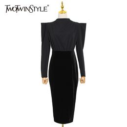 TWOTWINSTYLE Hollow Out Slim Dress For Female O Neck Long Sleeve High Waist Black Midi Dresses Female Autumn Fashionable 210517