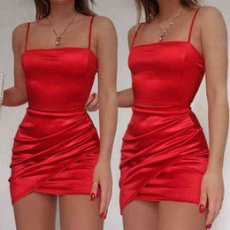 Fashion Sexy Women Solid Colour Ruched Strap Backless Sleeveless Party Mini Bodycon Dress Y1204