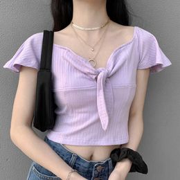 Summer Top Women's Bow Thread Short Sleeve T-shirt Elastic Slim Large V-neck Tops Sexy QER5 210603