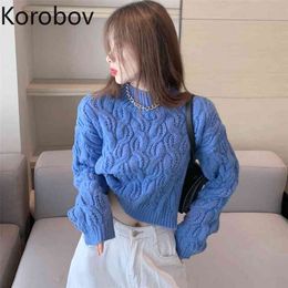 Korobov Solid Half Turtleneck Women Knitted Sweaters Korean Long Sleeve High Street Short Pullovers Vintage Casual Sueter Mujer 210430