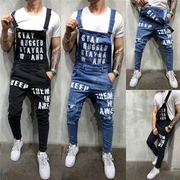 Fashion Mens Ripped Jeans Jumpsuits Ankle Length Letter printing Distressed Denim Bib Overalls For Men Suspender Pants