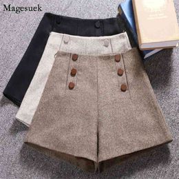 Autumn Korean Short Mujer Woolen High Waist Shorts Women Loose Wide Leg Femme Zipper Pocket Buttons Winter 7435 50 210512
