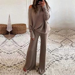 Women Elegant Solid O Neck 2-Piece Set Spring Full Sleeve Pullover Top Wide Leg Pants Suit Two Piece Party Fine Lines 211105