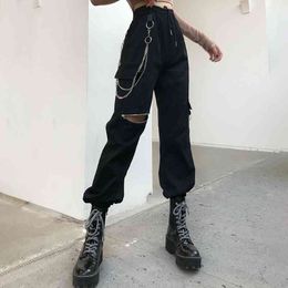 Women Y2K Joggers Cargo Pants 90s Chain High Waist E Girl Aesthetic Straight Zipper Trousers Streetwear Female Safari Clothing 210517