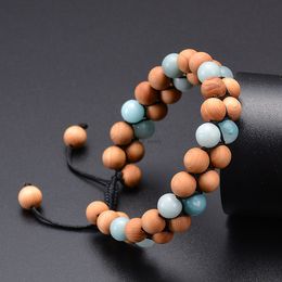 Vintage Amazonite Wooden Beads Double Row Bracelet Stone Braided Adjustable Bracelets Bangle Cuff women men fashion jewelry will and sandy