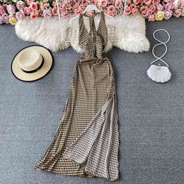 Elegant V-neck halter neck split plaid dress for womens summer fashion halter large swing dress A-Line Houndstooth midi dress 210514