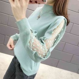 Lace Long-sleeved Sweater Women Autumn Turtleneck Sexy Stitching Knitting Bottoms Ladies Female Tide Pullovers 210427