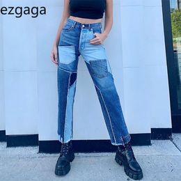 Ezgaga Vintage Streetwear Jeans Women Patchwork Pocket Colour Block High Waist Autumn Denim Pants Straight Trouser Fashion Femme 210430