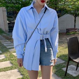 [EWQ] 2021 Spring Autumn New Blusas Long-sleeved Simple Fashion Trend Ladies Blue Irregular Shirt Coat Plus Size Blouse Tops 210317