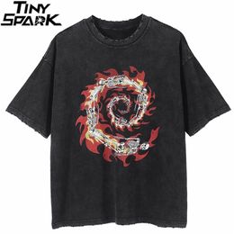 Men Hip Hop Streetwear T Shirt Fire Flame Paisley Skull Ripped Retro Vintage Washed T-shirt Harajuku Cotton Tops Tees Black 210324