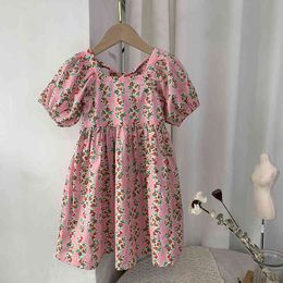 Girl Dress Cute Princess Flower Printed Round Collar Summer Holiday Style Toddler Children Clothes 210515