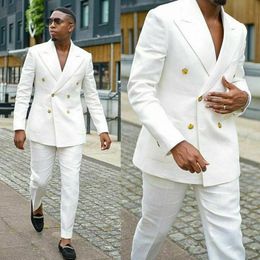 Men's Suits & Blazers Double Breasted White For Men Groom Wedding Tuxedos Peaked Lapel 2 Piece Slim Fit Male Set Jacket With Pants Fashion