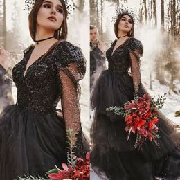 Black Gothic Dresses A Line Bridal Gowns Long Illusion Sleeves Sequins Tiered Skirt Tulle Sweep Train Custom Made Plus Size Boho Wedding Vestidos