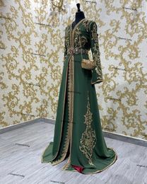 muslim evening dress dubai kaftan moroccan UK - Moroccan Kaftan Caftan Muslim Evening Dresses hunter green V-neck Long Sleeves Appliques Dubai Arabic Turkey Abaya Islamic prom Gown