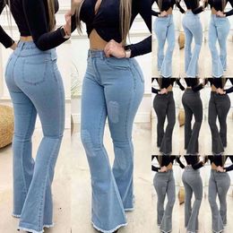Women's Jeans Casual Slim Stretchy Denim Waist High Oversized Long Flare Pants Light Blue Trousers For Women 210517