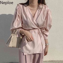 Neploe Women's Blouse Spring Temperament V-neck Shirts Korean Chic Cross Tie Slim Waist Blusas Thin Puff Sleeve Elegant Top 210422
