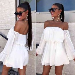 The New WOMEN A-Line Slash neck Flare Sleeve mini Dersses Full Casual Solid Tube top Dersses 210325
