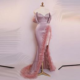 Dusty Pink Mermaid Prom Dresses With Beads Sequins Sexy High Side Slit Evening Dress Ruffles Off The Shoulder vestidos de fiesta