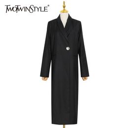 TWOTWINSTYLE Black Long Casual Windbreaker For Women Notched Long Sleeve Korean Solid Trench Female Fashion Clothing 210517