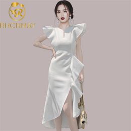 Summer Women Fashion V Neck White Ruffles Club Irregular Dress Sexy Sleeveless Midi Length Celebrity Runway 210506