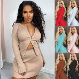 Women's two-piece dress spring summer solid color long-sleeved short tops 8-color big round neck sexy tight double zipper shirt pit strip skirt suit S-3XL