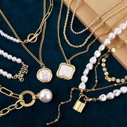 Chokers Minar Punk Multi Designs Faux Pearls Necklace For Women Golden Link Chain Toggle Clasp Circle Asymmetry Pendant Choker Necklaces