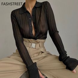 FASHSTREET Sexy New Black Knitted See Through Elastic Blouse Women Turndown Collar Long Sleeve Slim Shirt Party Streetwear 210317