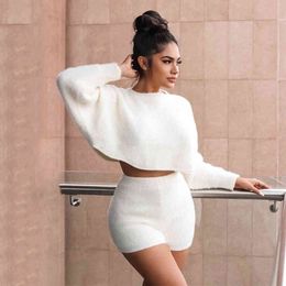 Women White Casual Sexy Set O-neck Long Sleeve Crop Top And Elastic High Waist Shorts Womens Two Suts Streetwear Women's Outfits 210507
