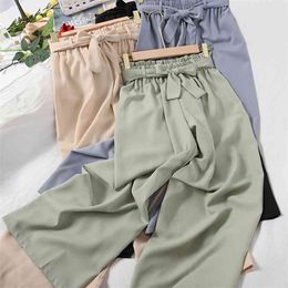 Summer Fashion Bandage Pants Women Boho Beach Style Elastic Waist Wear Korean Wide Female Black Blue Green Bottoms 210915