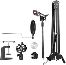 Adjustable Recording Microphone Suspension Boom Scissor Arm Stand with Mic Round Shape Wind Pop Philtre Shield, Shock Mount and Phone Holder, black