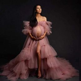 Pregnant Women Evening Dresses Po Robes Pajam Robe off Shoulder Long Sleeve Appliques Lace Tulle Gowns Customised Floor Length 218r